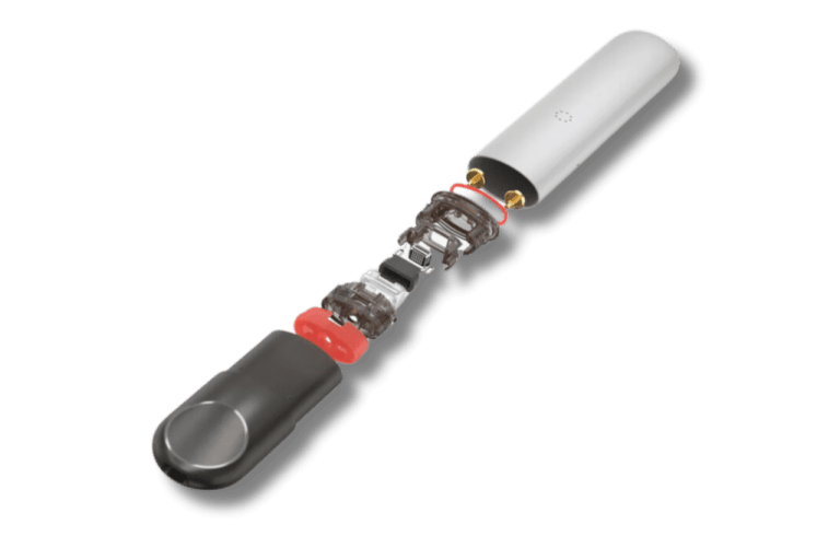 電子霧化主機質感示意圖，外部機身採用陽極處理鋁合金（或鋅合金）材質，內部結構透視展示電路板與電池佈局，用於解析硬體外殼的表面工藝與材質耐久性。