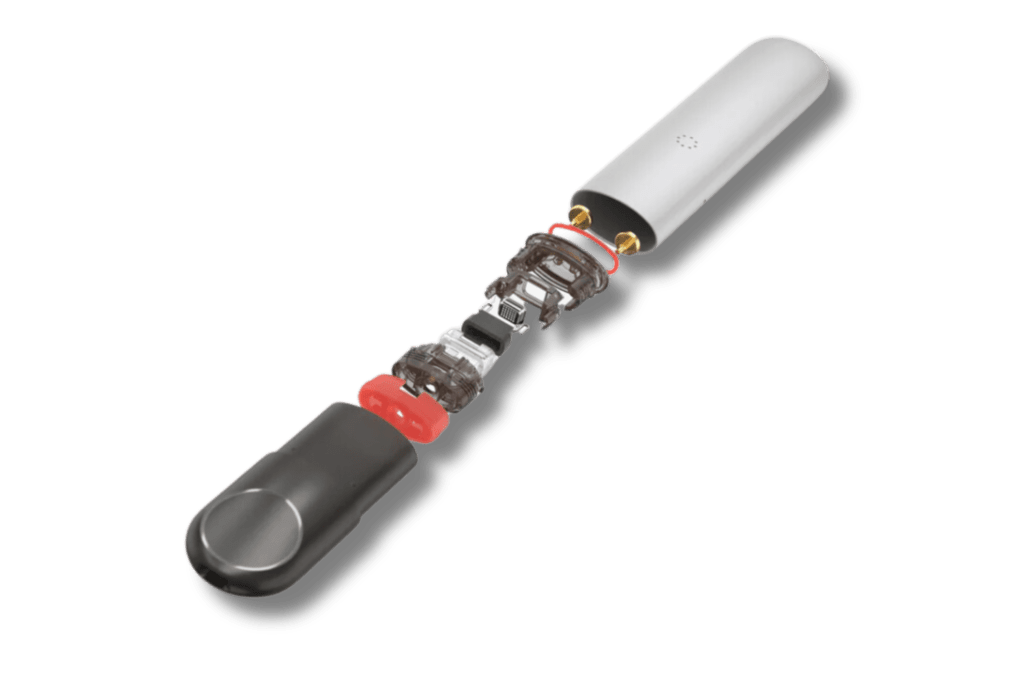 電子霧化主機質感示意圖，外部機身採用陽極處理鋁合金（或鋅合金）材質，內部結構透視展示電路板與電池佈局，用於解析硬體外殼的表面工藝與材質耐久性。